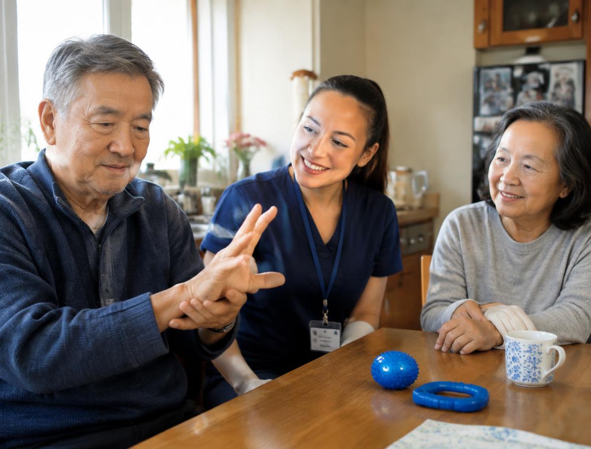 A stroke survivor practicing hand exercises with a therapist and his wife at home