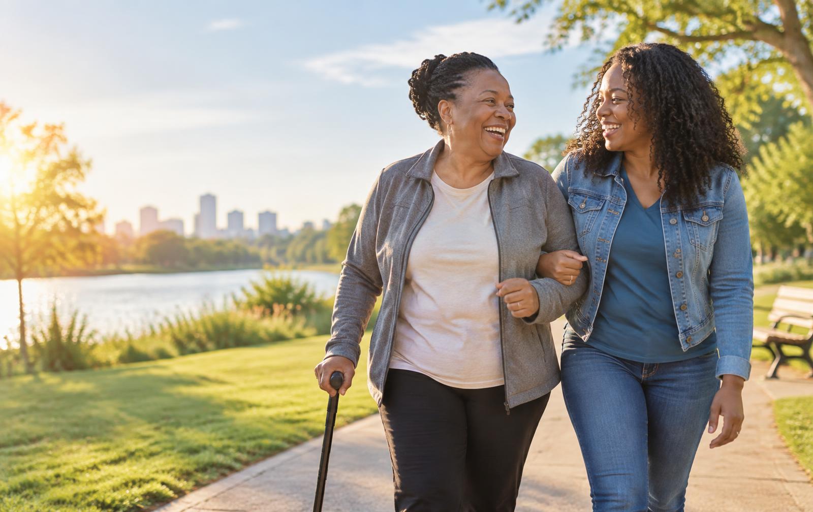 A smiling stroke survivor walking arm in arm with her daughter in a sunny park